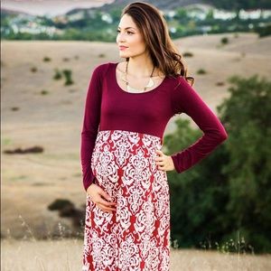Burgundy Damask Long Sleeve Maternity Maxi Dress